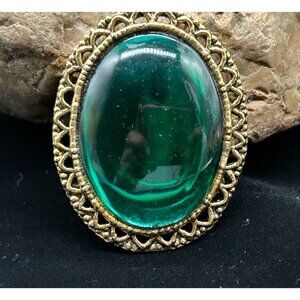 Gold Tone Metal and emerald glass brooch Pin 2"